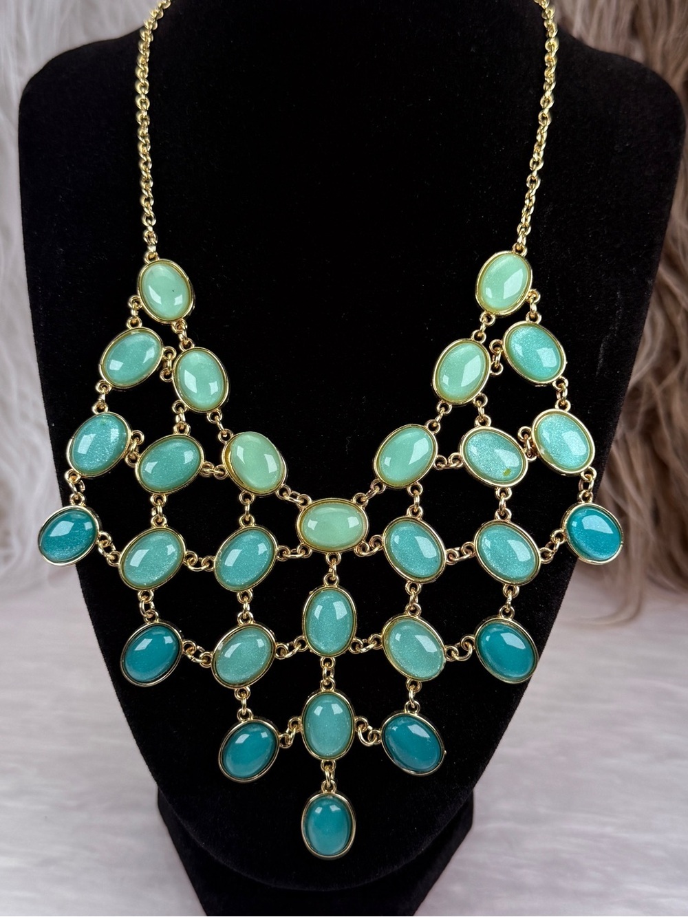 Gold Tone Mint Aqua Bib Statement Necklace Cascade Design